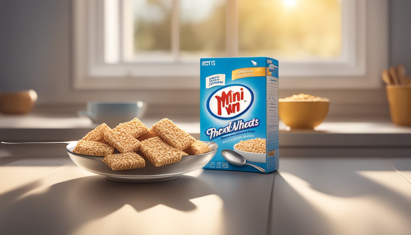 A box of Frosted Mini-Wheats sits on a kitchen counter, next to a bowl and spoon. Rays of sunlight filter through a nearby window, casting a warm glow over the scene