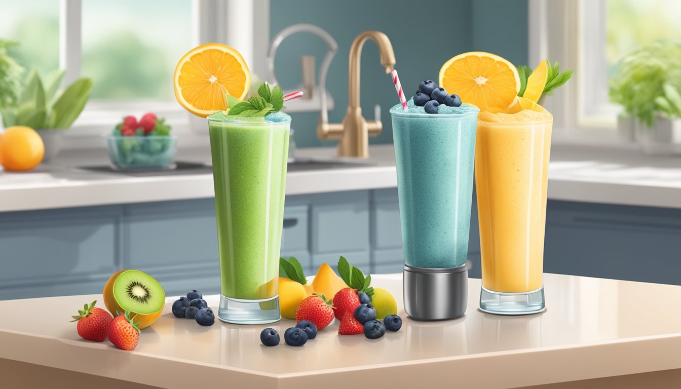 A countertop with two smoothie glasses, one store-bought and one homemade, both with condensation, surrounded by fresh fruits and a blender