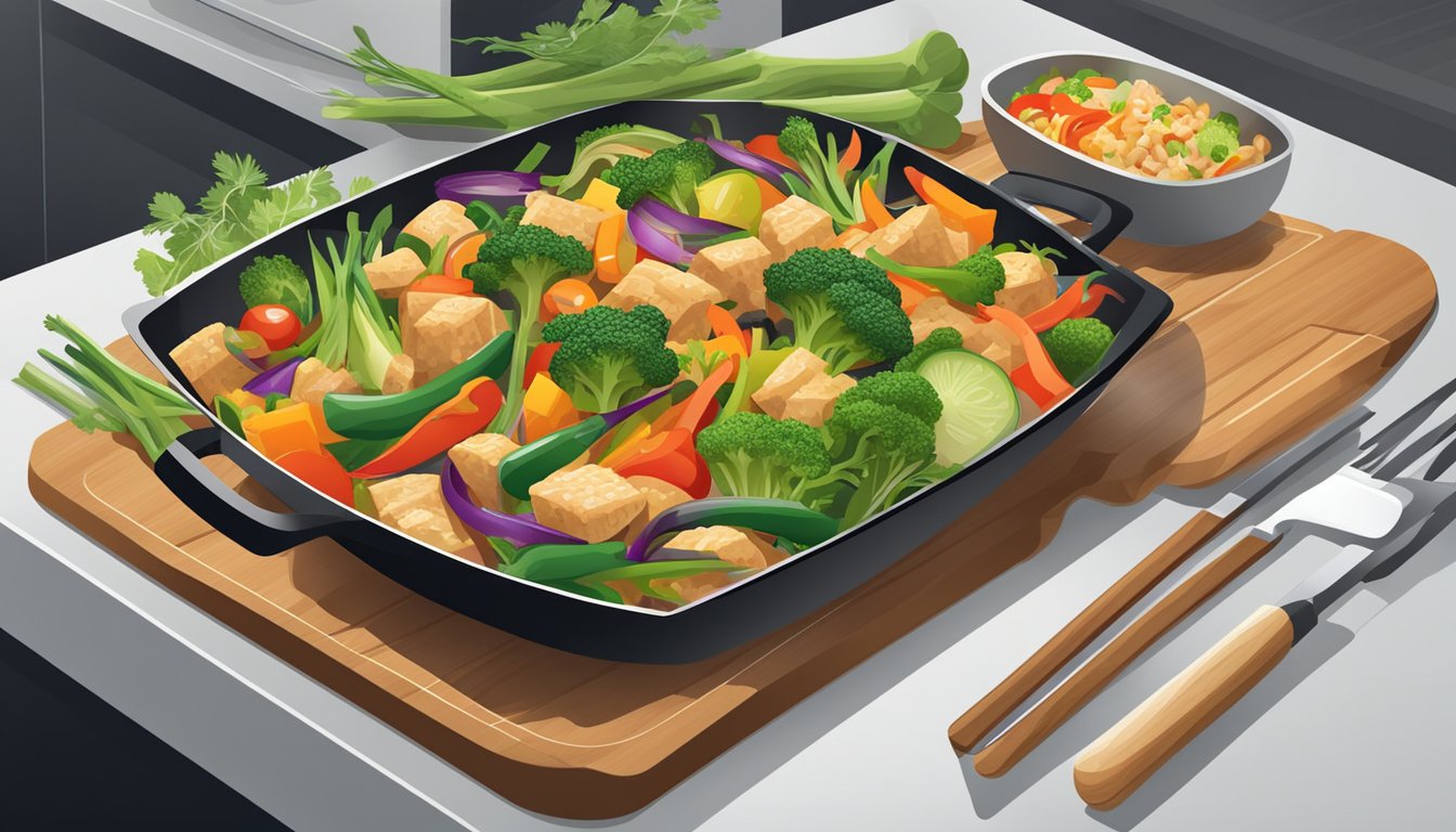 A steaming stir fry dish sits on a kitchen counter, surrounded by vibrant vegetables and sizzling in a wok