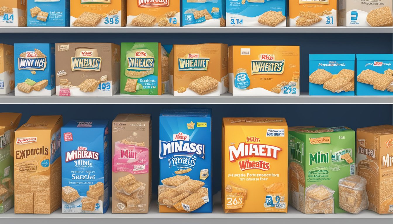 A box of Frosted Mini-Wheats sits on a shelf, surrounded by various expiration date labels and safety regulation symbols