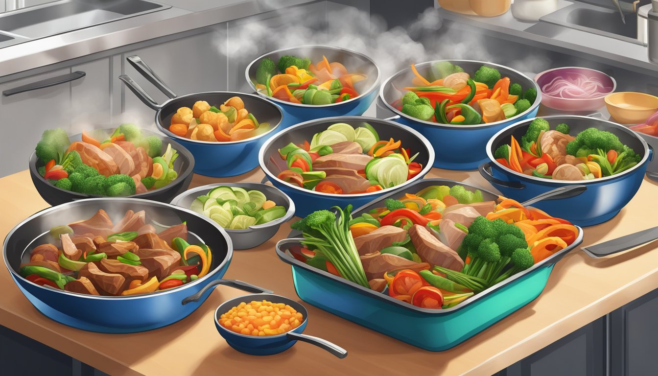 A colorful array of freshly prepared stir fry dishes arranged on a kitchen counter, with steam rising from the vibrant vegetables and savory meats