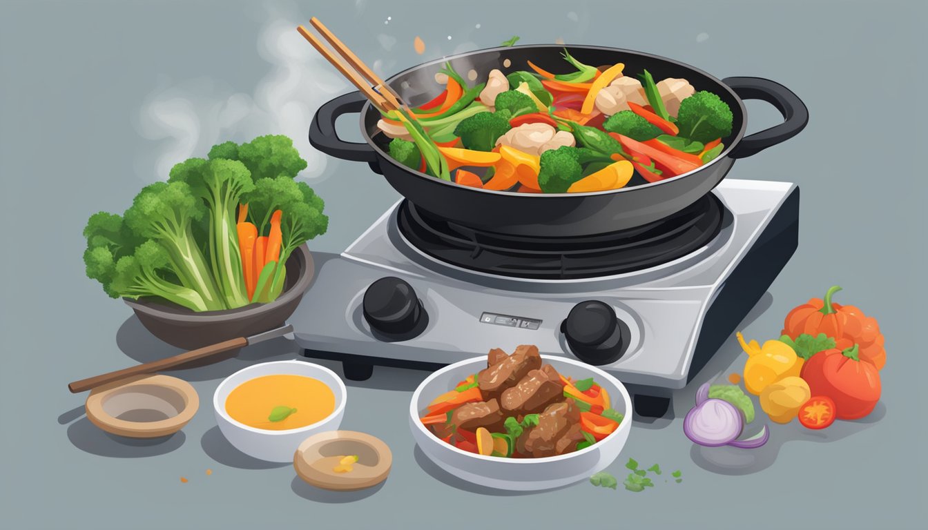 A sizzling stir fry dish sits on a hot skillet, steam rising from the colorful vegetables and tender meat. A timer nearby shows the time since it was prepared