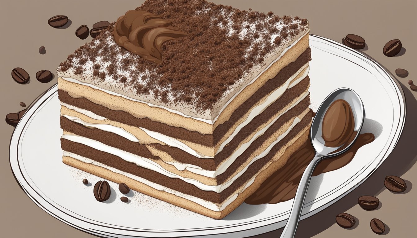 A freshly prepared tiramisu sits on a white plate, surrounded by coffee beans and cocoa powder. A slice has been removed, revealing the layers of creamy mascarpone and coffee-soaked ladyfingers