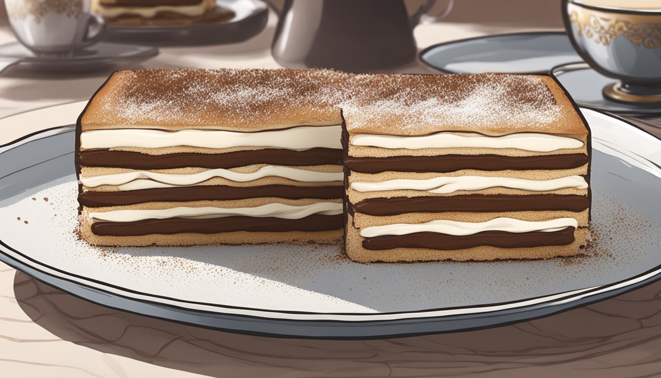 A decadent homemade tiramisu sits next to a store-bought version, both displayed on elegant dessert plates. The rich layers of coffee-soaked ladyfingers and creamy mascarpone are topped with a dusting of cocoa powder