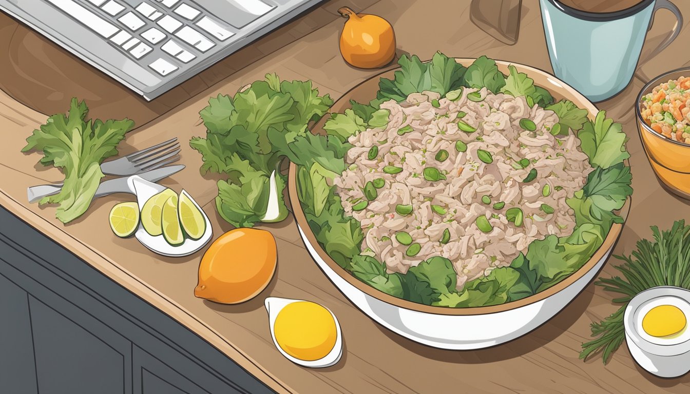 A bowl of tuna salad sits on a kitchen counter, surrounded by fresh ingredients and a calendar showing the current date