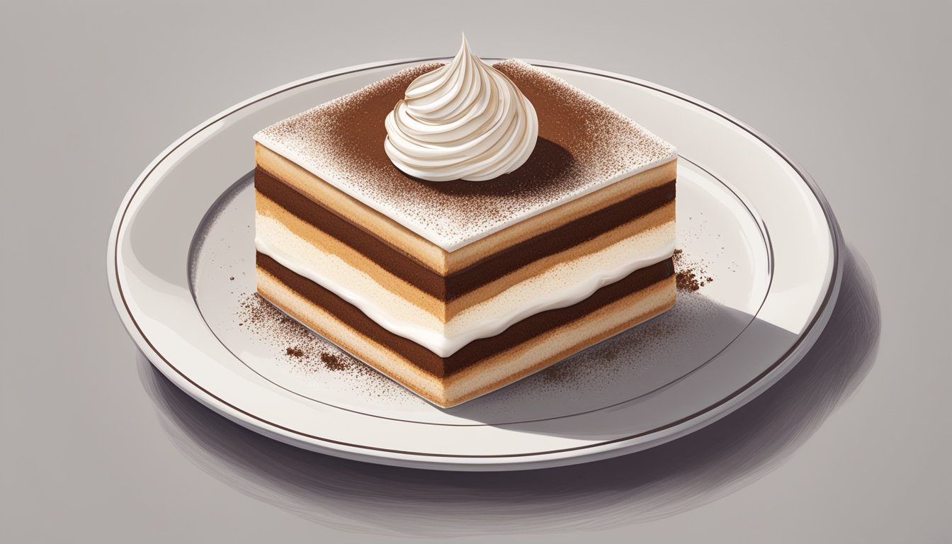 A freshly prepared tiramisu sits on a white dessert plate, adorned with a dusting of cocoa powder and a swirl of whipped cream on top