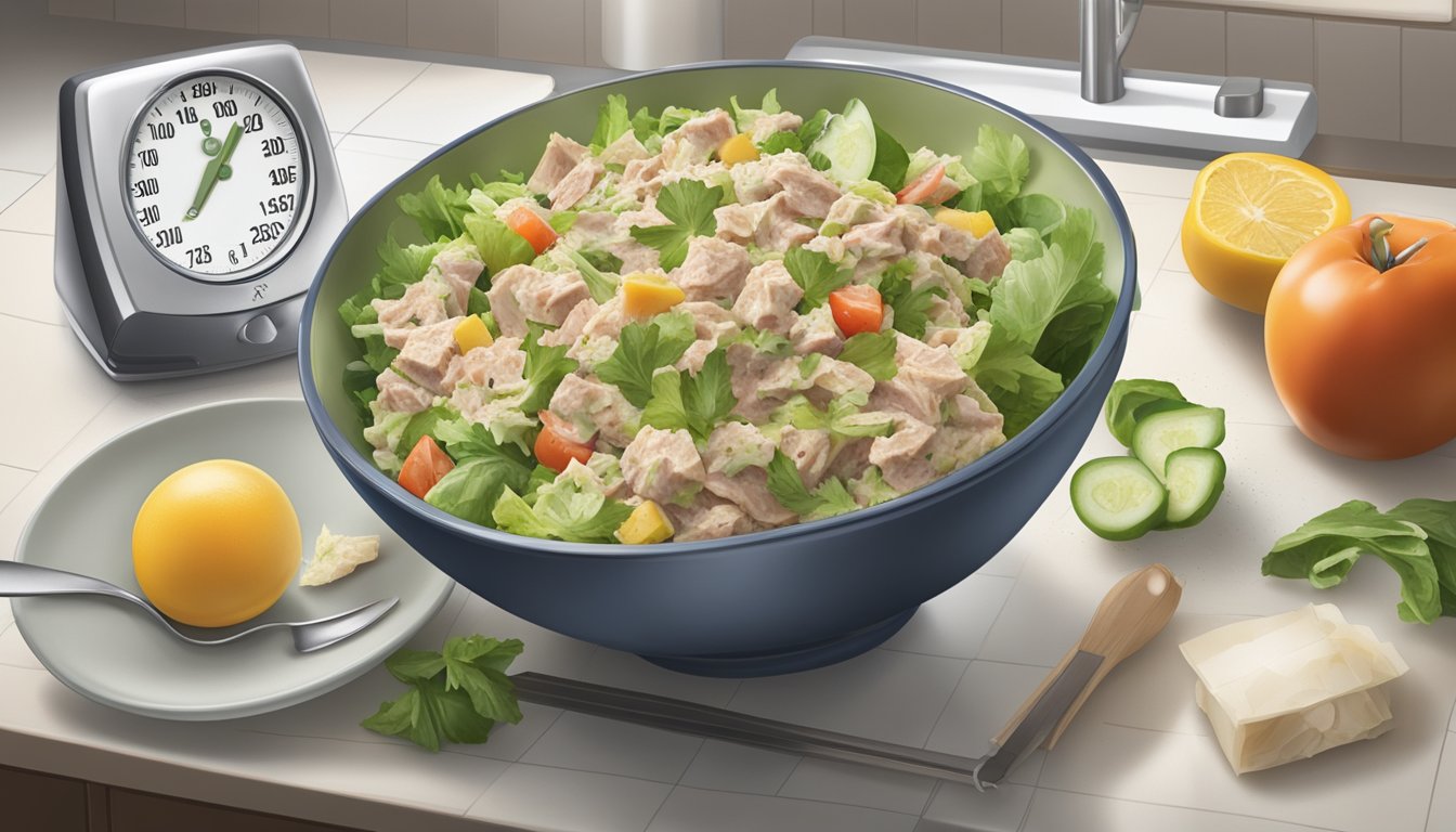 A bowl of tuna salad sits on a kitchen counter, surrounded by a calendar and a thermometer. The salad is starting to show signs of spoilage, with a sour smell and discolored appearance