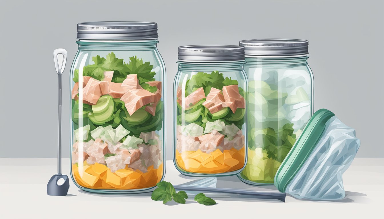 A mason jar filled with tuna salad, surrounded by ice packs and vacuum-sealed bags