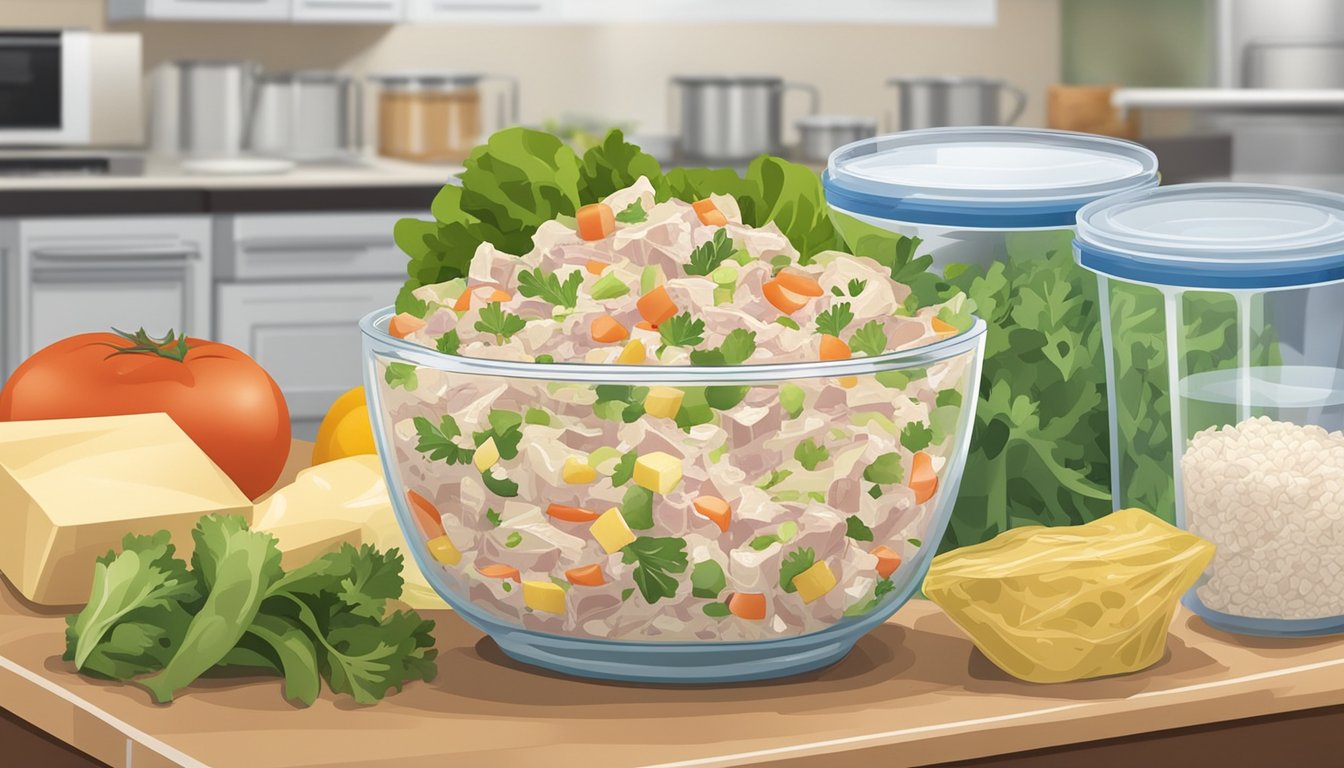 A bowl of tuna salad sits on a kitchen counter, surrounded by fresh ingredients and a stack of storage containers. The salad is covered with plastic wrap, ready to be stored in the fridge