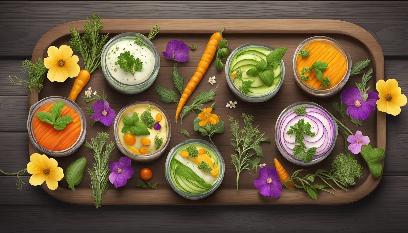 A colorful array of freshly prepared vegetable terrines arranged on a rustic wooden serving platter, garnished with delicate herbs and edible flowers