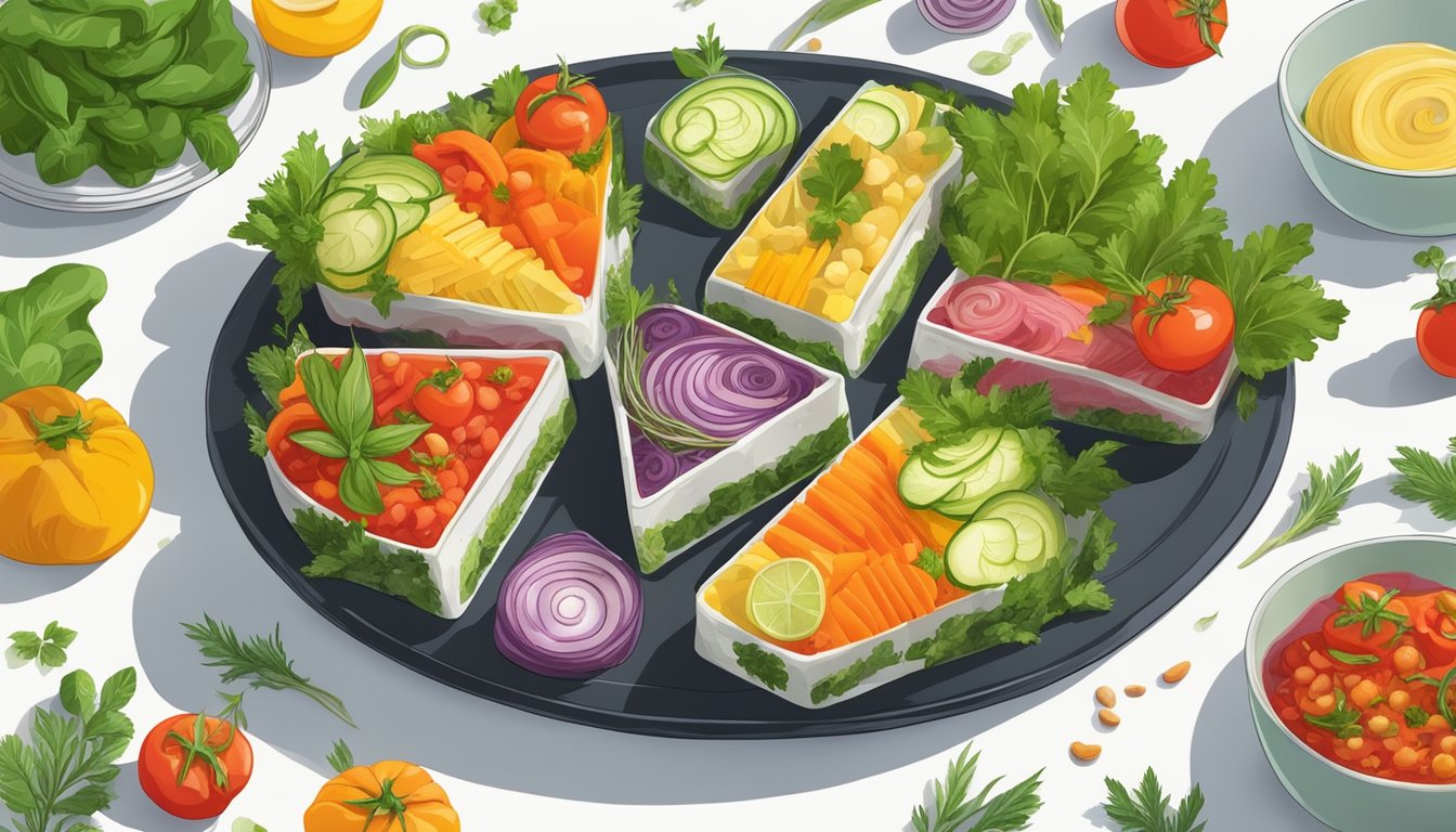 A colorful array of freshly prepared vegetable terrines arranged on a serving platter, surrounded by vibrant herbs and garnishes