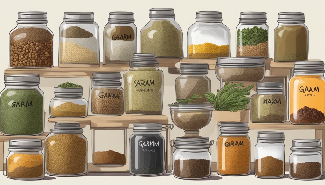 A collection of various spices and herbs, including garam masala, in labeled jars and containers on a kitchen counter