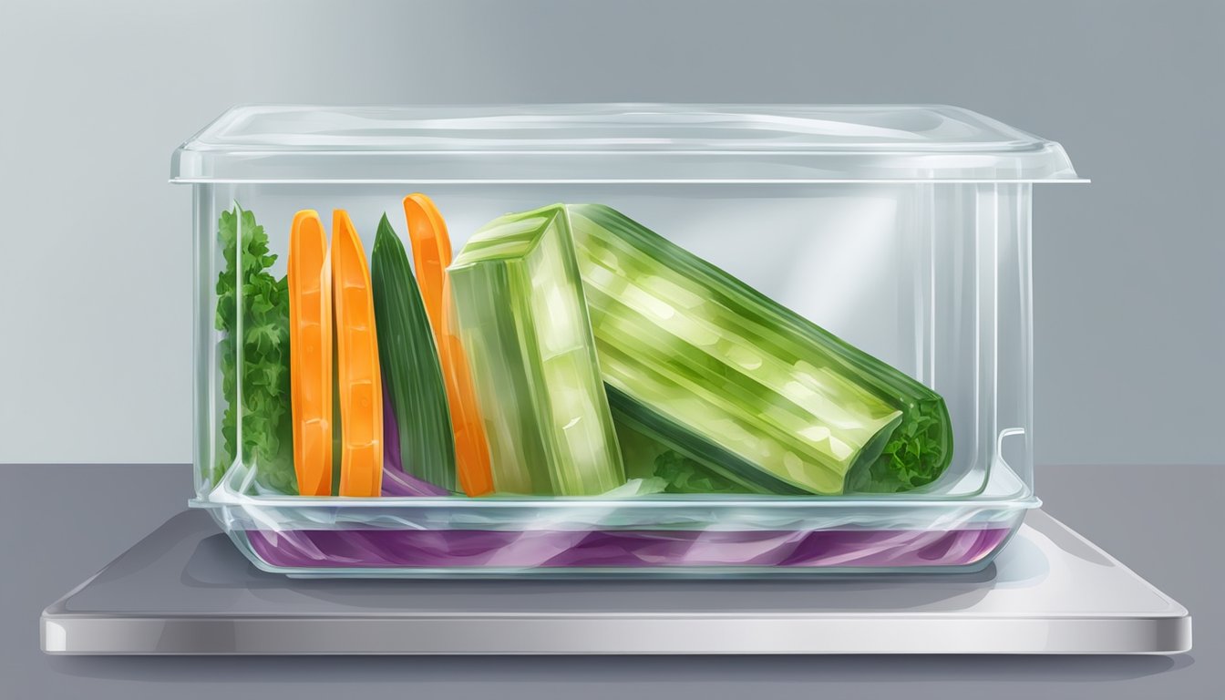 A freshly prepared vegetable terrine sits on a plate, covered with plastic wrap, and stored in the refrigerator