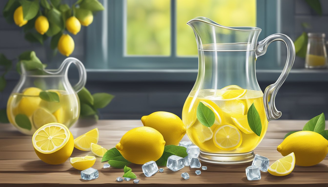 A pitcher of freshly squeezed lemonade sits on a rustic wooden table, surrounded by vibrant yellow lemons and a scattering of ice cubes