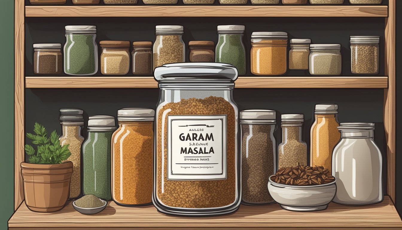 A jar of garam masala sits on a kitchen shelf, surrounded by various spices and herbs. The label on the jar indicates the expiration date