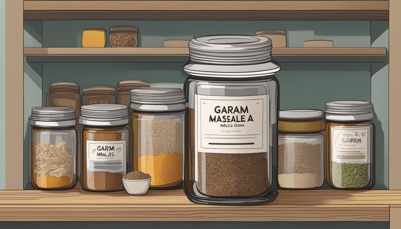 A jar of garam masala sits on a shelf, surrounded by other spices. The label shows the expiration date, and the jar is sealed tightly