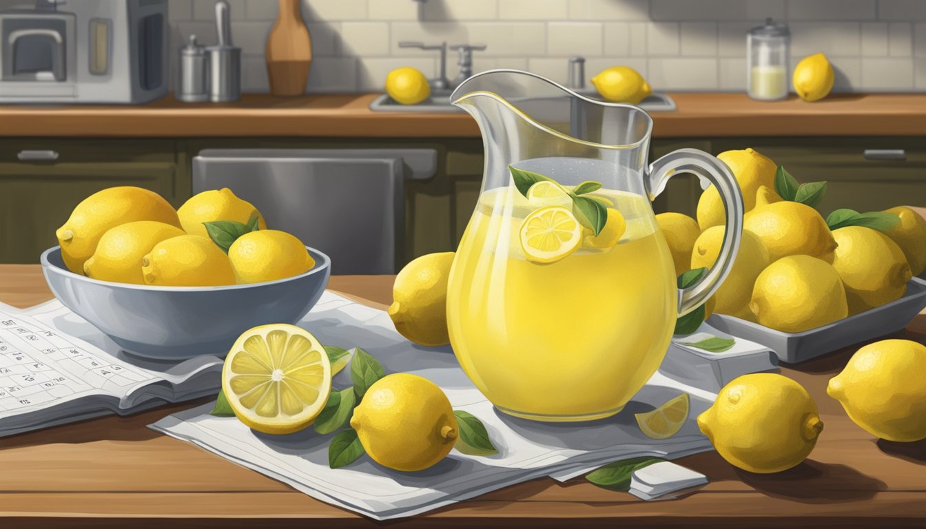 A pitcher of freshly squeezed lemonade sits on a countertop, surrounded by lemons and a calendar indicating the passage of time. A few lemons show signs of spoilage