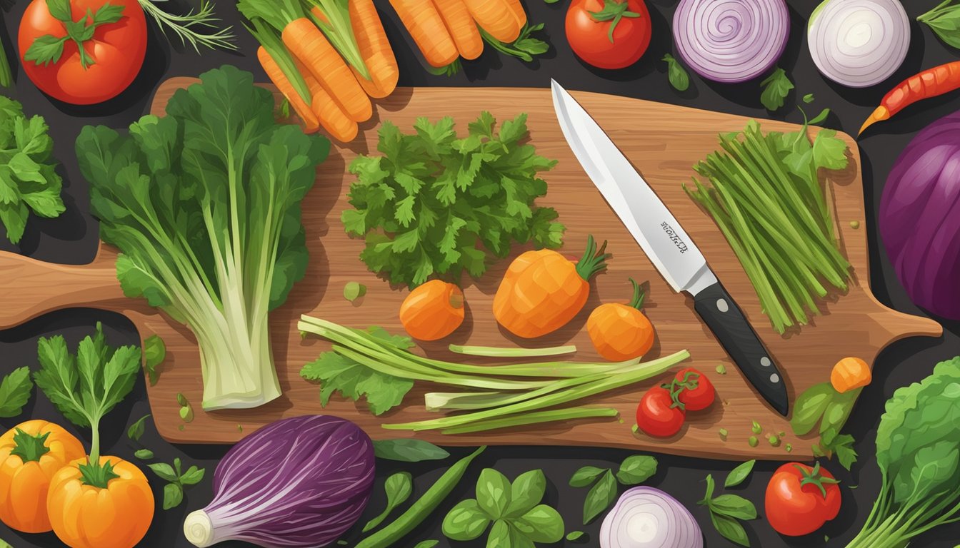 A colorful array of assorted vegetables and herbs arranged on a wooden cutting board, with a chef's knife and cutting board in the background