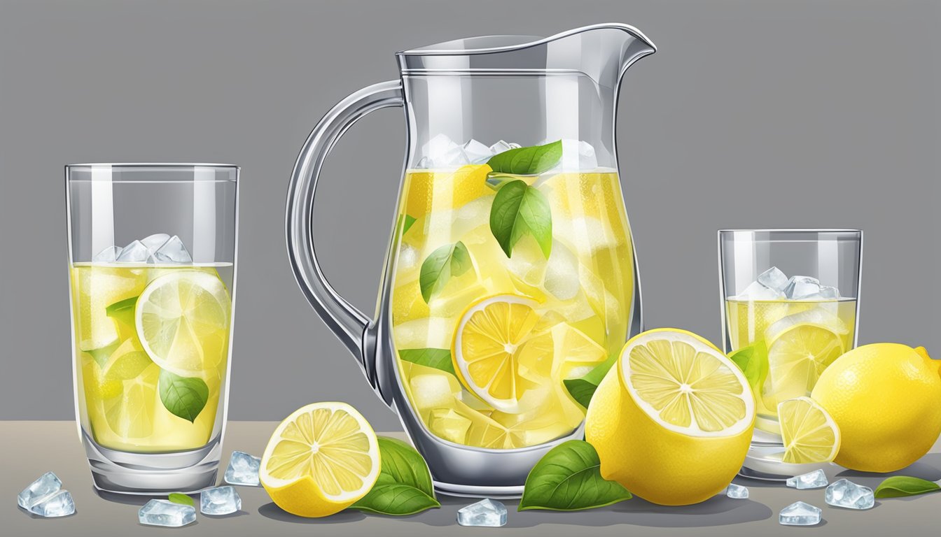 A pitcher of lemonade with lemons and a juicer, surrounded by a few glasses filled with ice and lemon slices