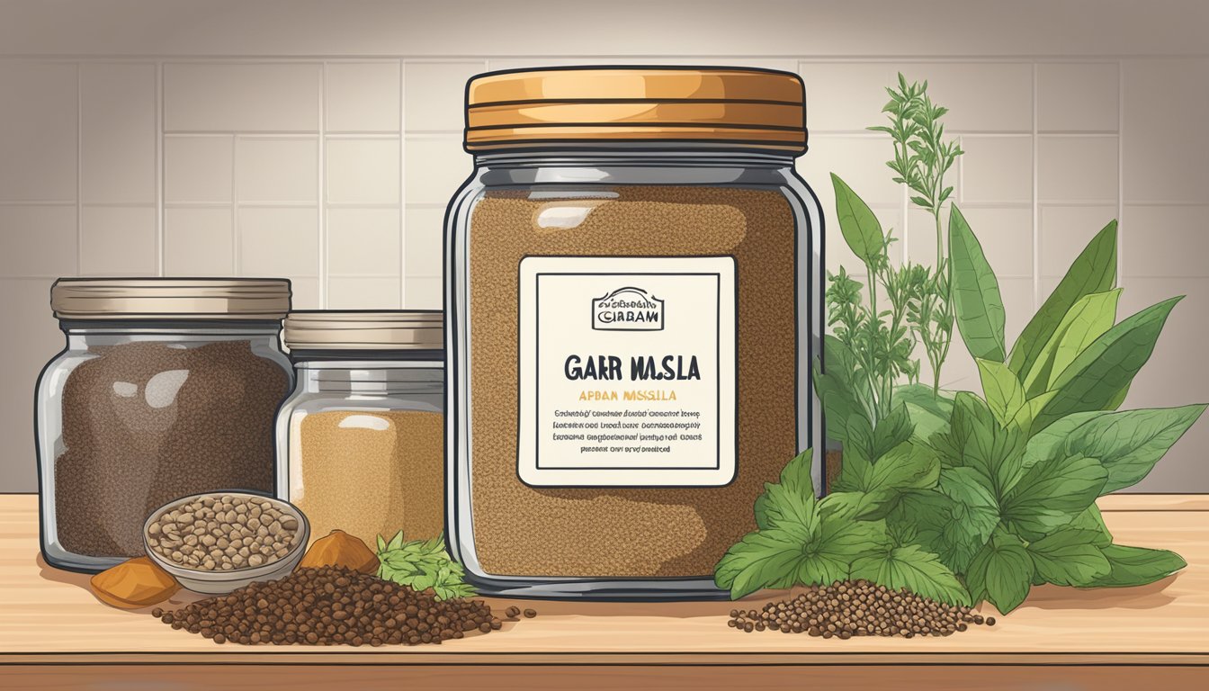 A jar of garam masala sits on a kitchen shelf, surrounded by various spices and herbs. The label on the jar indicates the expiration date