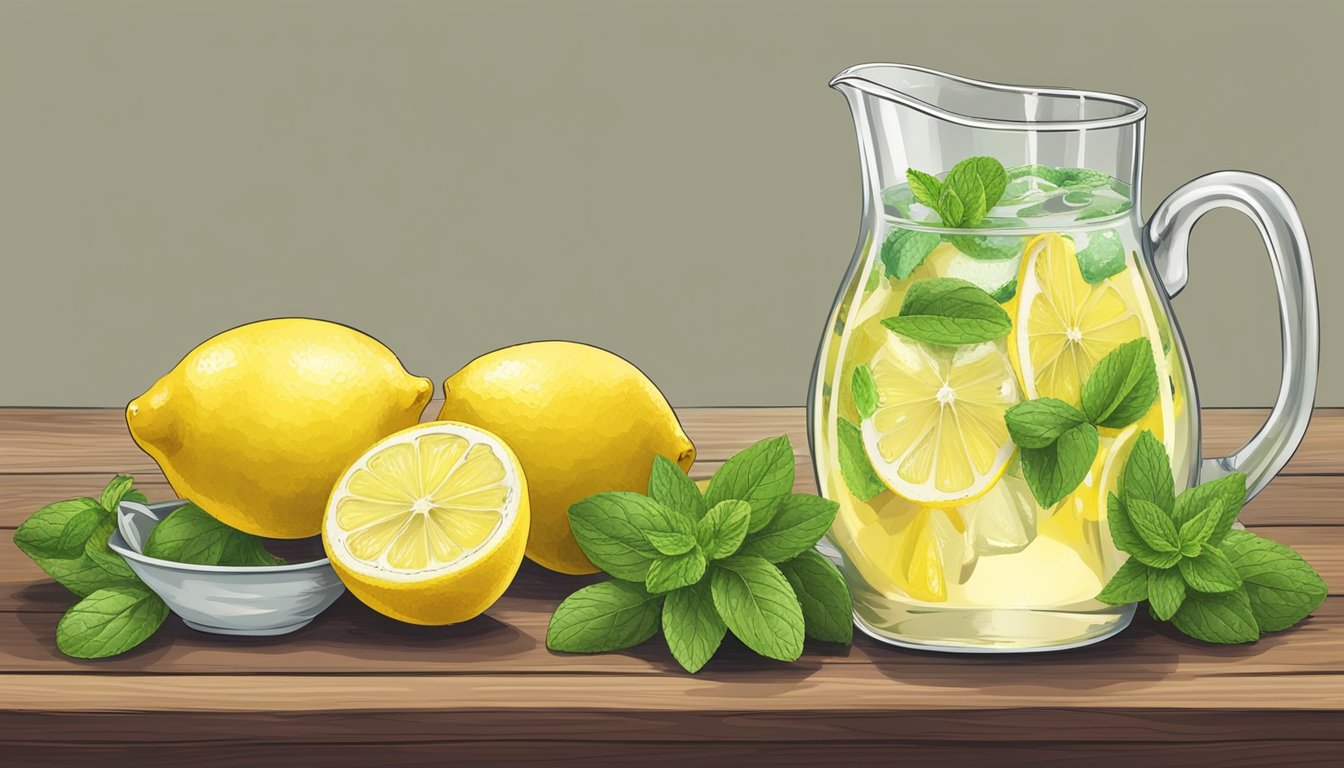 A pitcher of freshly squeezed lemonade sits on a rustic wooden table, surrounded by slices of lemon and a sprig of mint