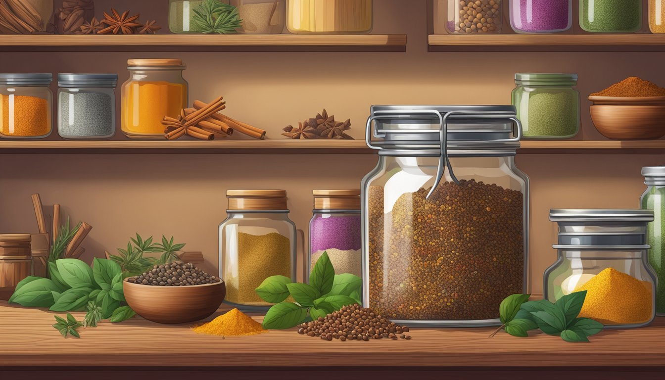 A jar of garam masala sits on a kitchen shelf, surrounded by colorful spices and herbs. The warm aroma fills the air