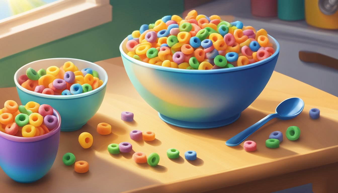 A bowl of Froot Loops sits on a kitchen table, surrounded by a colorful box and a spoon. Rays of sunlight filter through the window, casting a warm glow on the scene