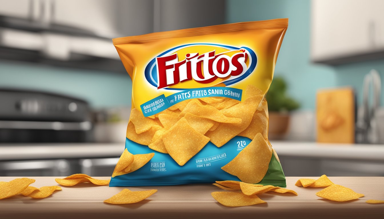 A bag of Fritos sits on a kitchen counter, its expiration date faded. Mold spots begin to form on the edges of the chips