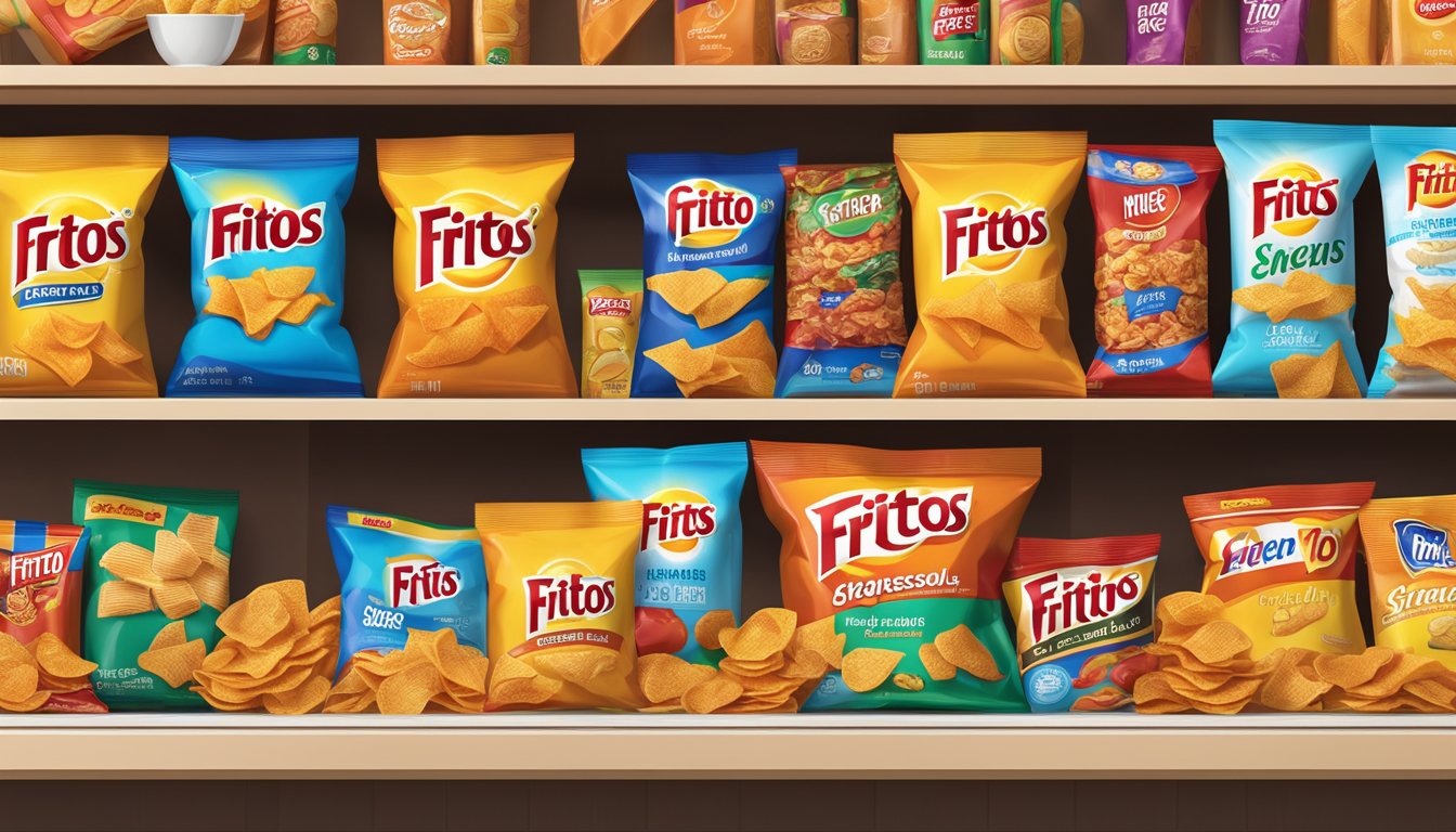 A pantry shelf with a sealed bag of Fritos next to other snacks. The bag is upright and away from direct sunlight or heat sources