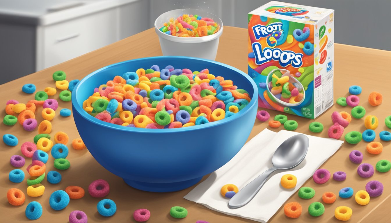 A bowl of Froot Loops sits on a kitchen table next to an open box. The colorful cereal spills out, with a spoon resting on the table