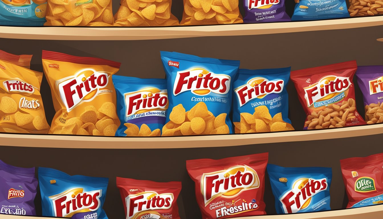 A bag of Fritos sits on a shelf next to other snacks. The expiration date is clearly visible, and the bag is sealed and undamaged