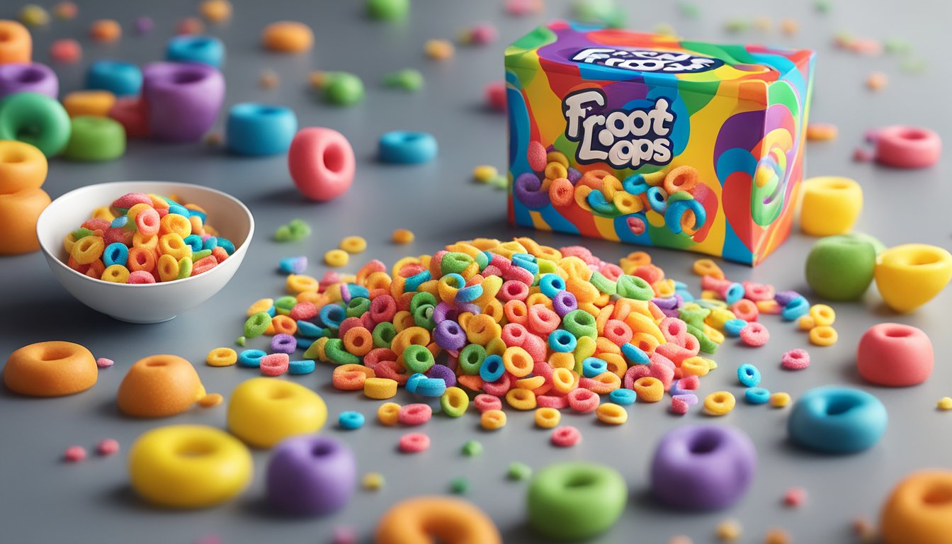 A colorful box of Froot Loops sits on a kitchen counter, surrounded by spilled cereal and scattered rainbow-colored loops