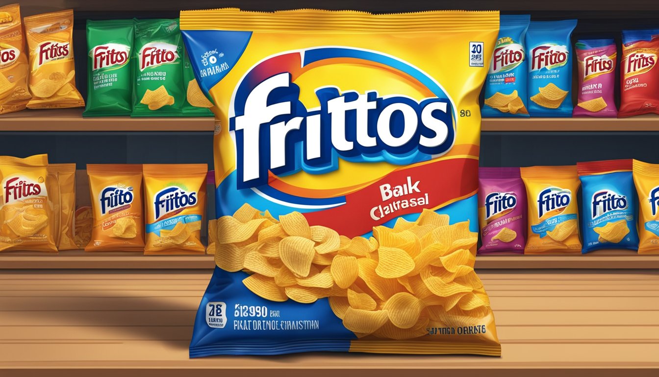 A bag of Fritos sits unopened on a pantry shelf, with a clear expiration date visible