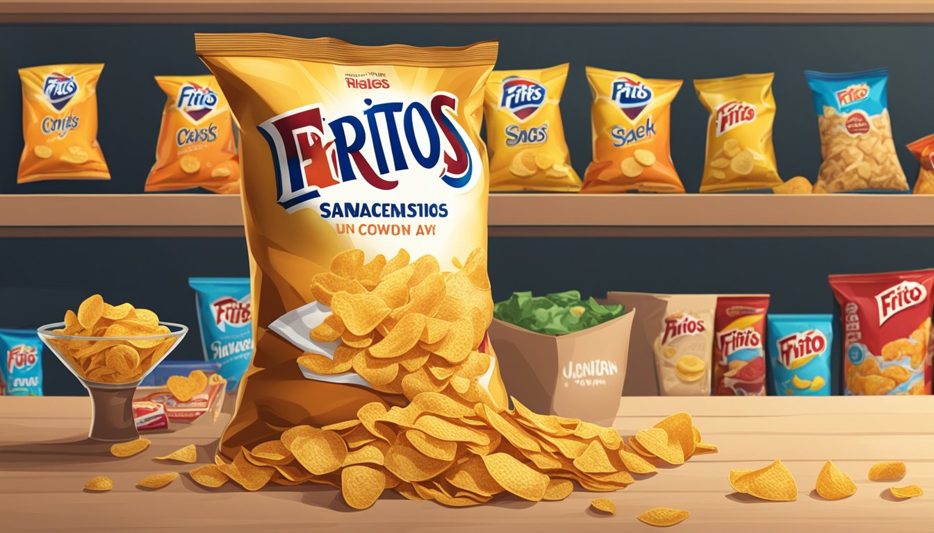 A bag of stale Fritos sits on a dusty shelf, surrounded by other forgotten snacks. The chips are slightly discolored and have lost their crunch