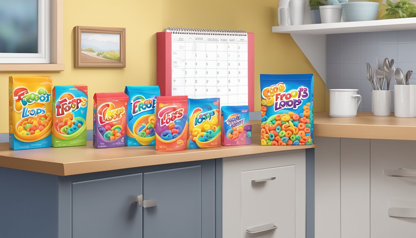 A colorful box of Froot Loops sits on a kitchen shelf next to a calendar showing the current date