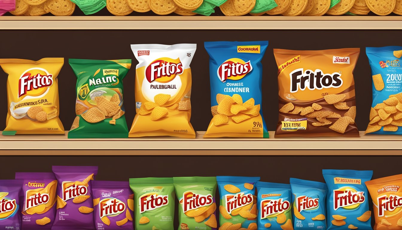 A bag of Fritos sits next to various similar snacks, all arranged on a shelf with expiration dates visible