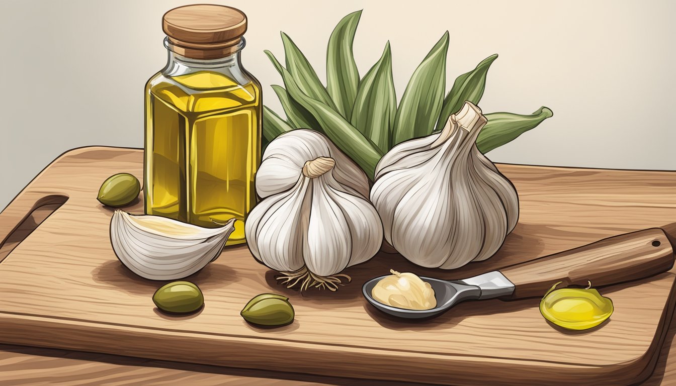 A bunch of garlic bulbs arranged on a wooden cutting board, with a knife and a small bowl of olive oil nearby