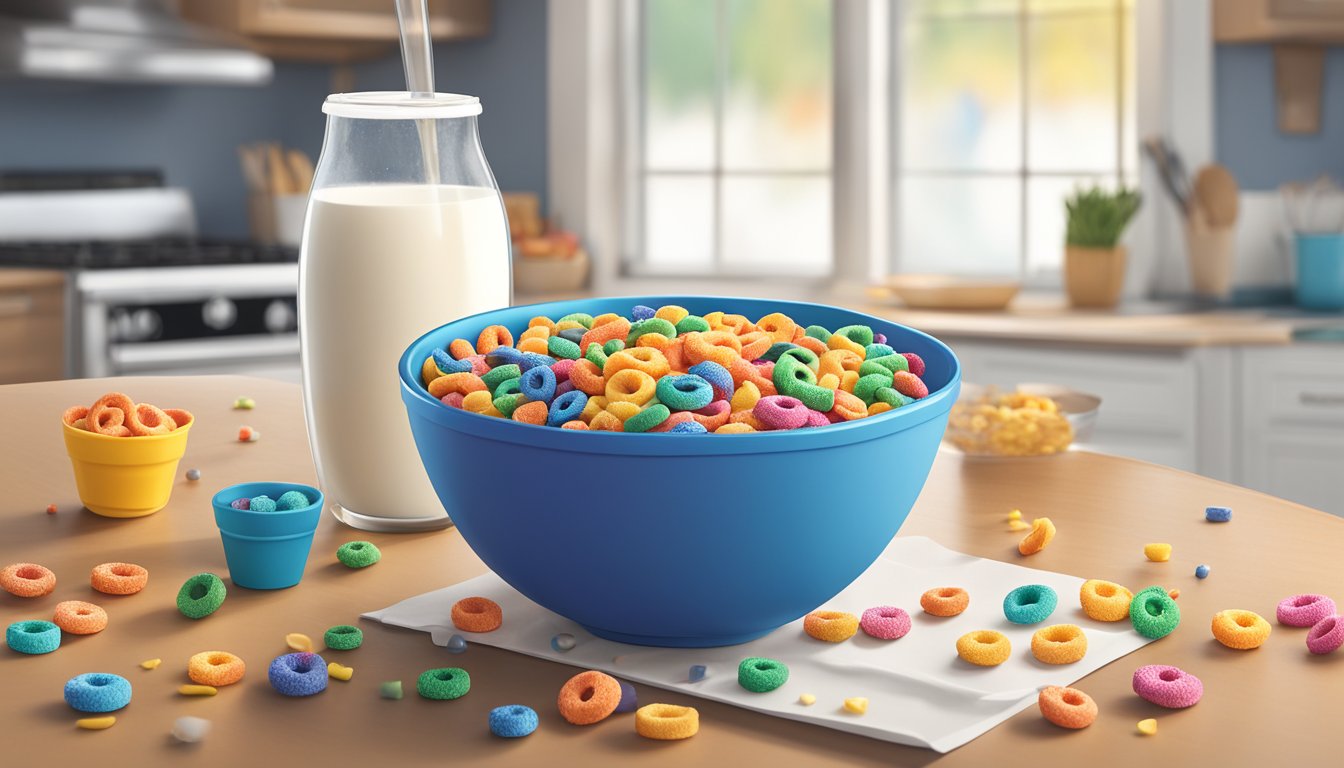 A bowl of Froot Loops sits on a kitchen table, surrounded by scattered cereal pieces and an empty milk carton