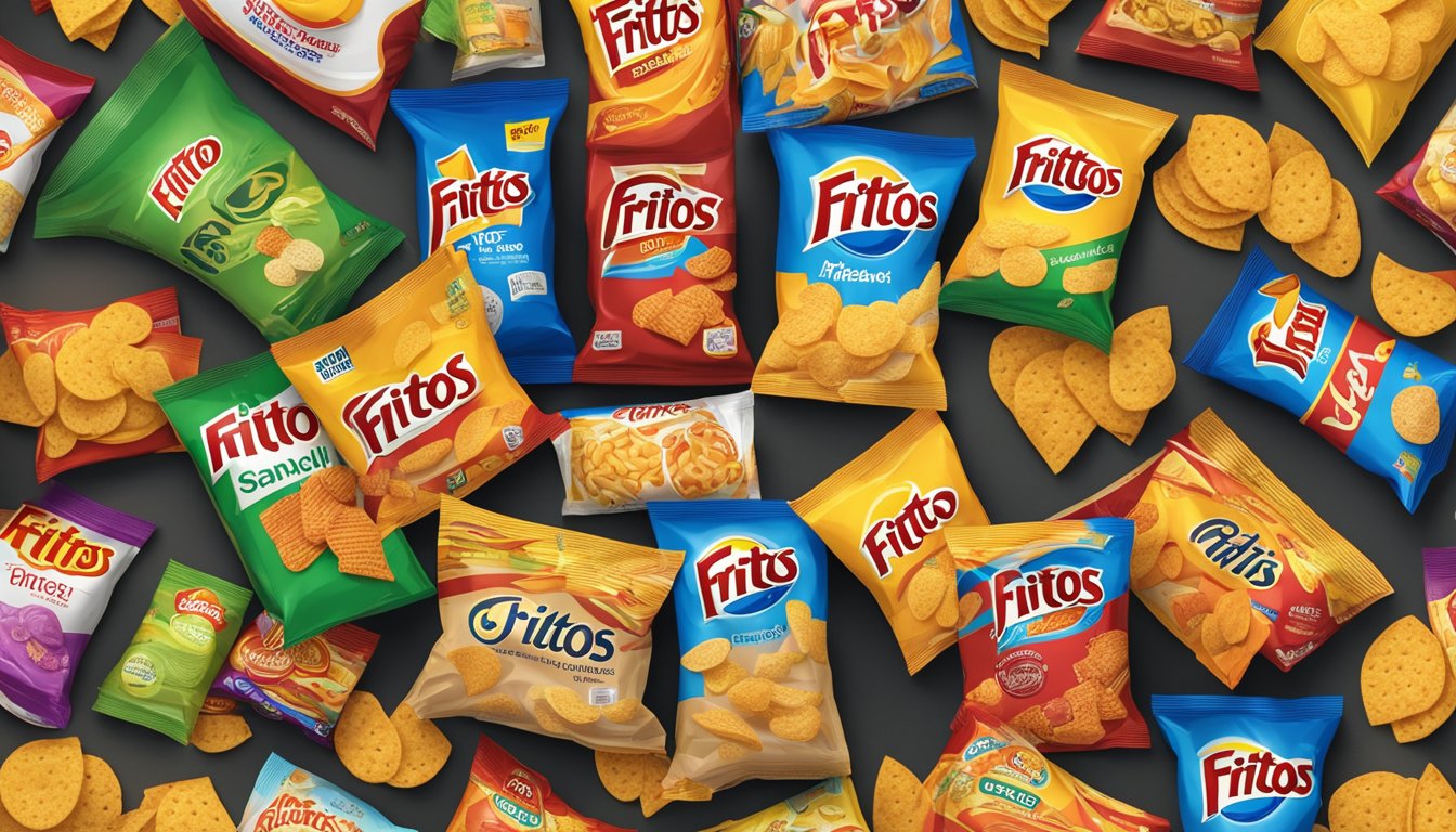 A bag of Fritos sitting on a pantry shelf, surrounded by other snack items