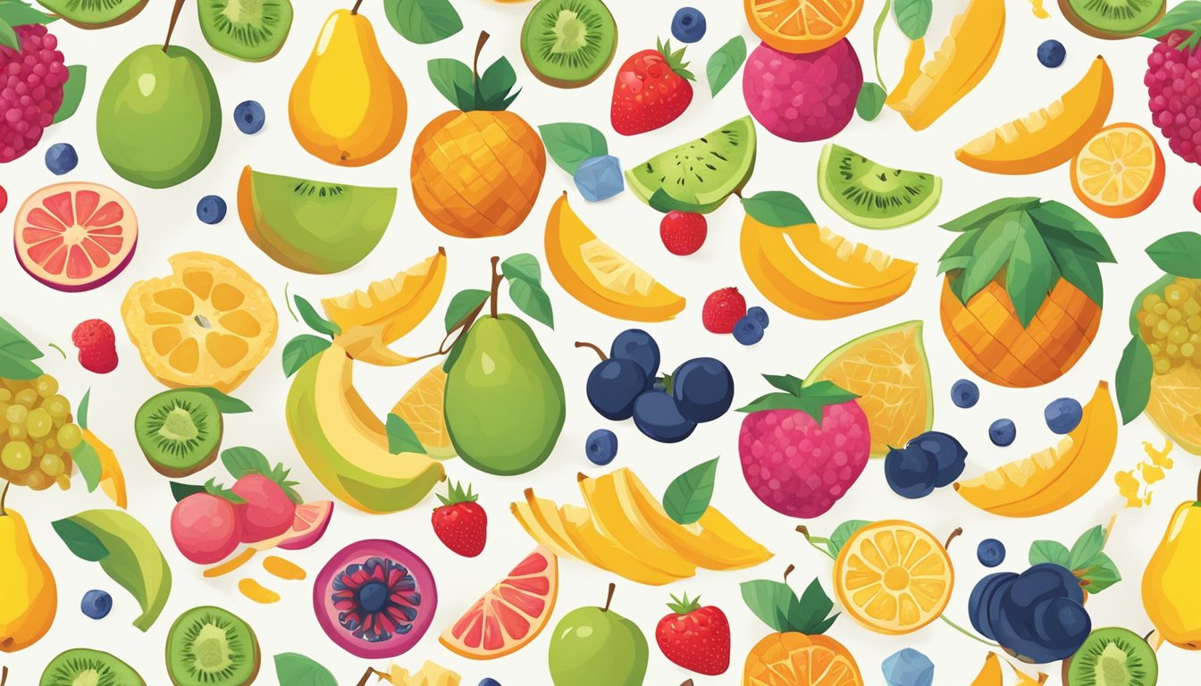 A colorful and playful scene featuring various types of fruit arranged in a whimsical pattern, with Fruit by the Foot wrapping around them like a ribbon