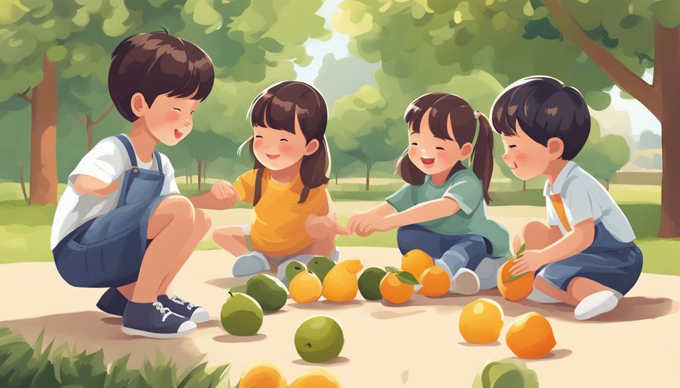 A child unwraps a Fruit by the Foot and eagerly unrolls it, taking small bites as they play with friends in a sunny park