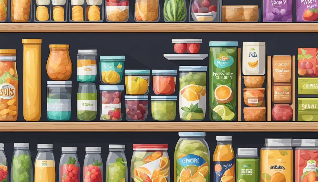 A pantry shelf with neatly organized boxes of Fruit by the Foot, surrounded by various other snacks and packaged foods