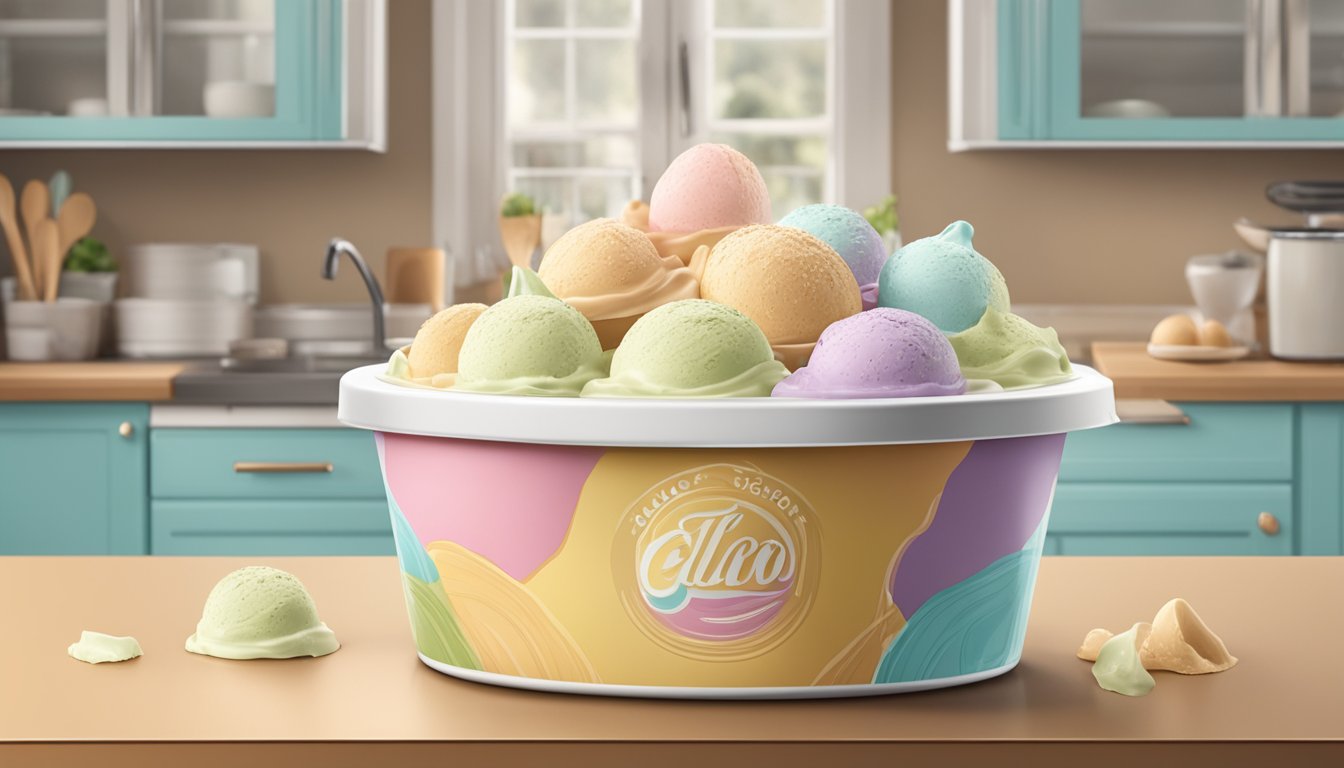 A gelato container sits half-open on a kitchen counter, with a few scoops of melting gelato spilling over the edge