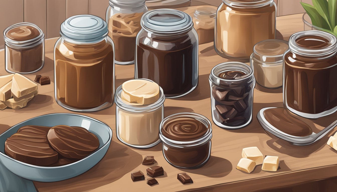 A jar of fudge sauce sits on a kitchen counter, surrounded by various types of fudge in different flavors and shapes