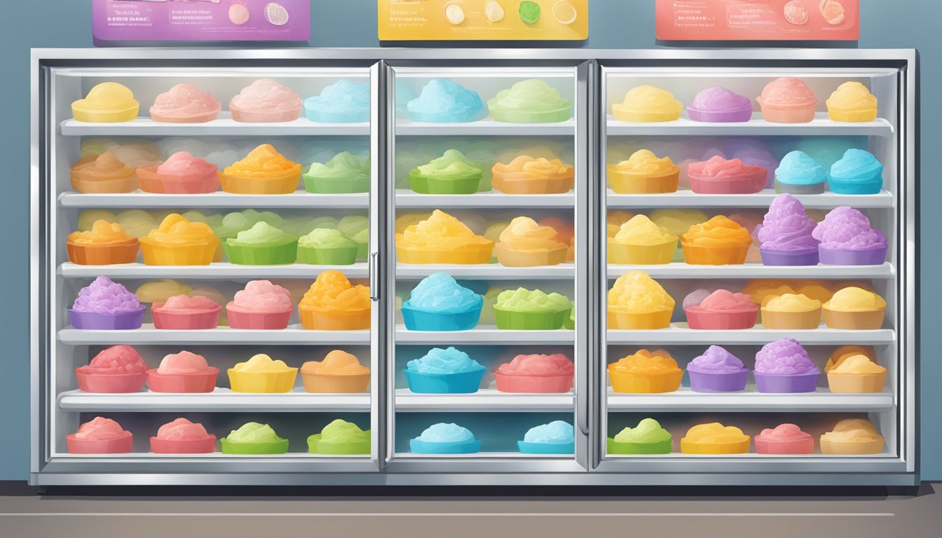 A colorful array of gelato flavors displayed in a freezer, with frosty glass doors and a sign indicating "Shelf Life Fundamentals."