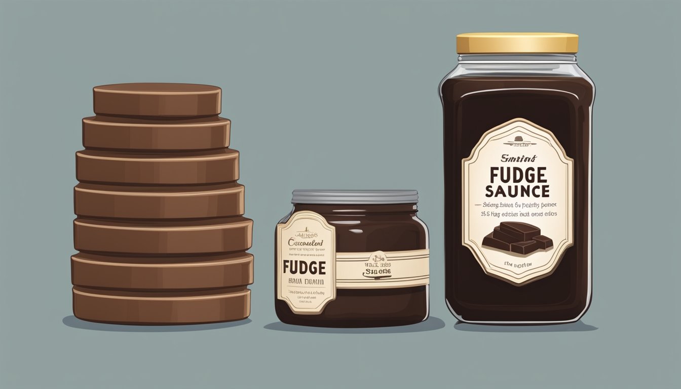 A jar of fudge sauce sealed tightly, stored in a cool, dark pantry with a label indicating the expiration date