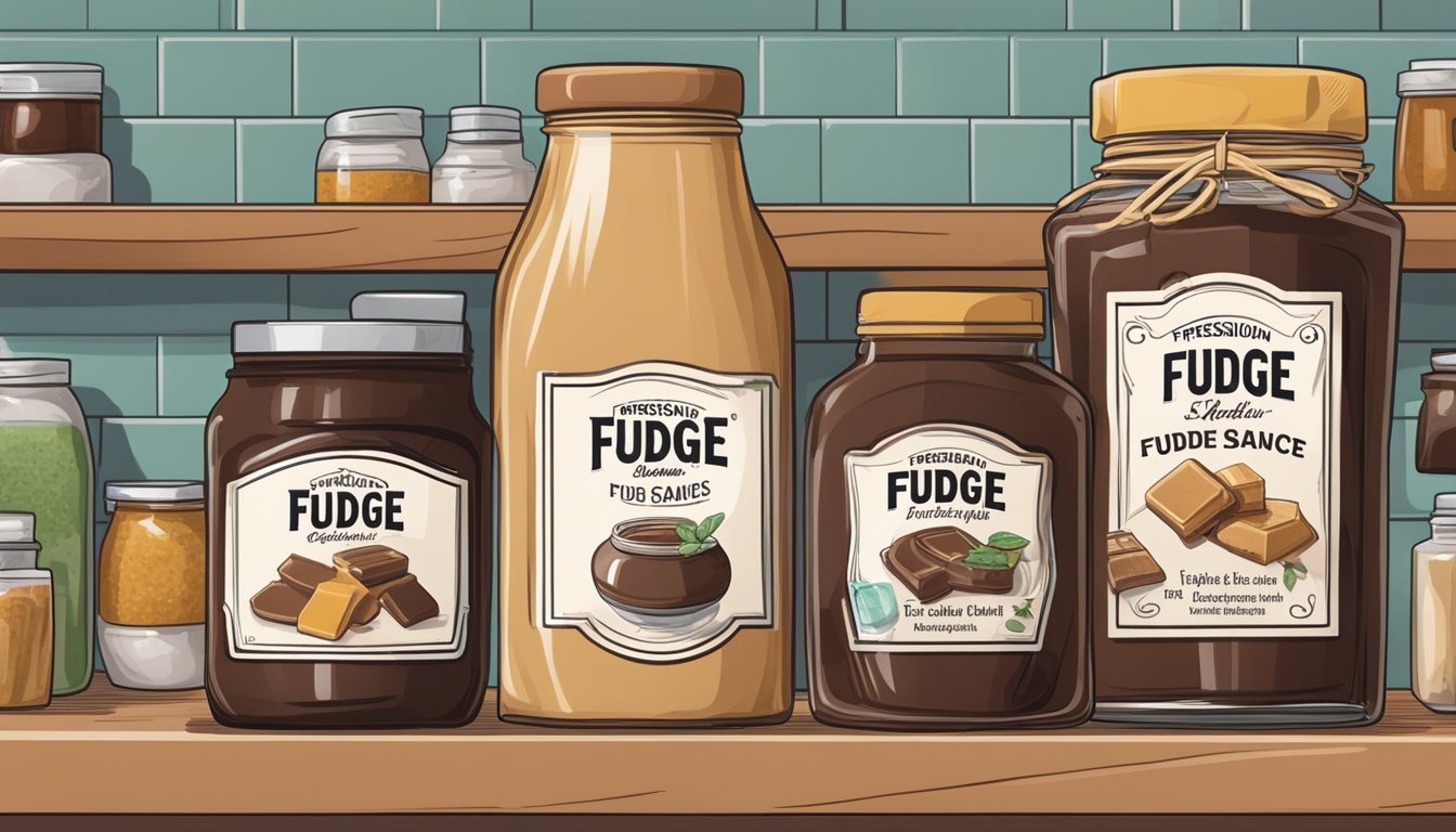 A jar of fudge sauce sits on a kitchen shelf, surrounded by other condiments and ingredients. The label shows the expiration date