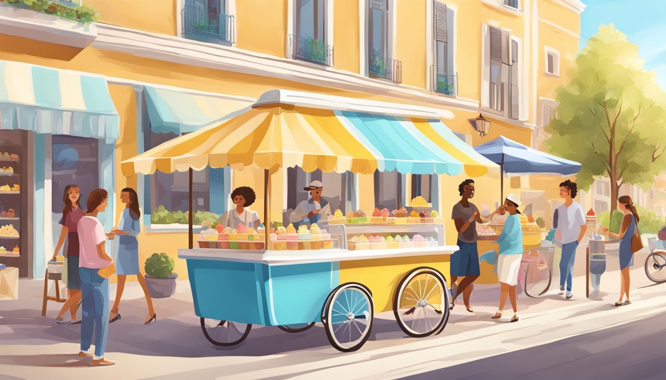 A gelato cart with various flavors, surrounded by happy customers enjoying their sweet treats on a sunny day