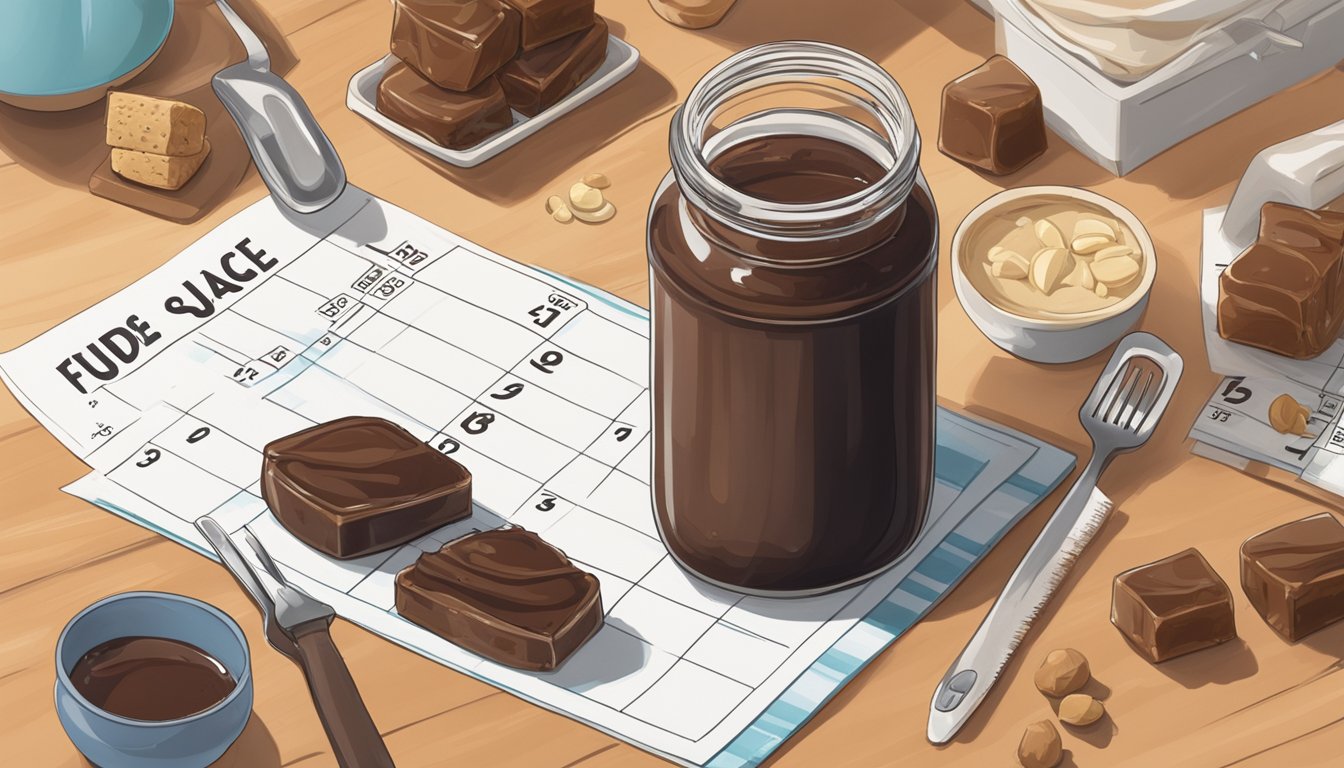 A jar of fudge sauce sits on a kitchen counter, surrounded by various food items and a calendar showing the current date