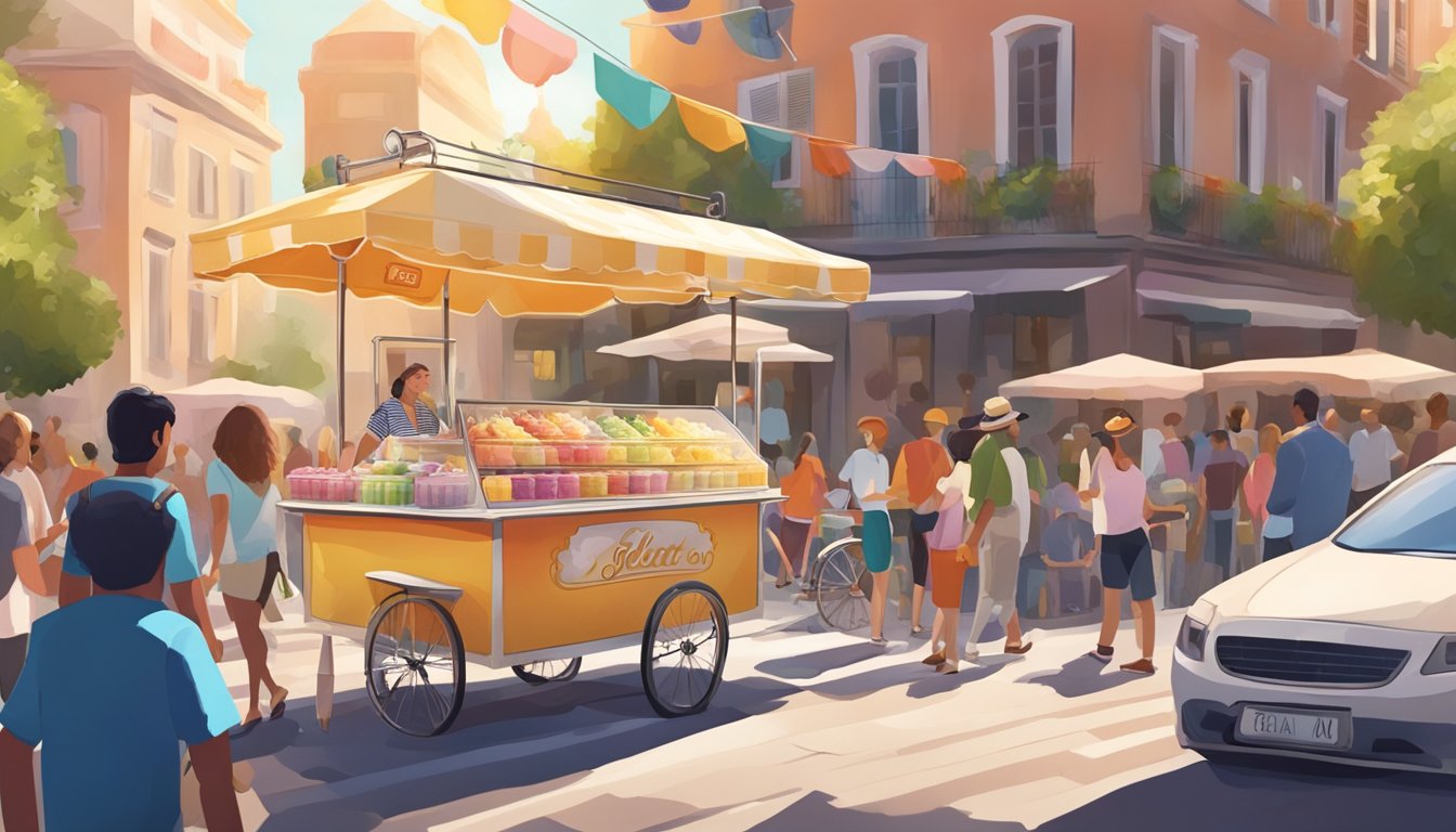 A colorful gelato cart parked on a busy street, surrounded by people. The sun is shining, and the vendor is serving up scoops of creamy gelato to eager customers